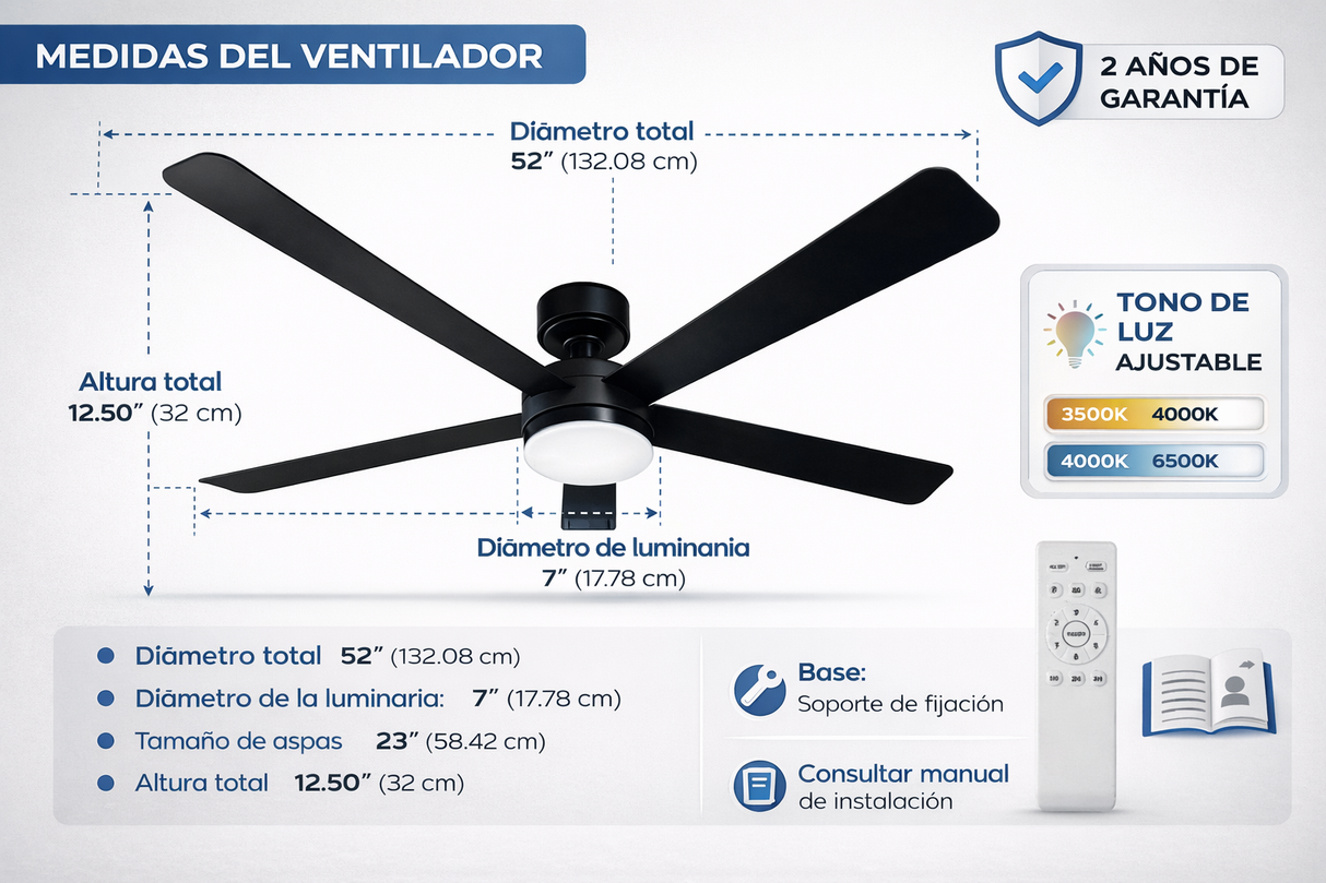Ventilador de Techo LED 52” Negro con Control Remoto