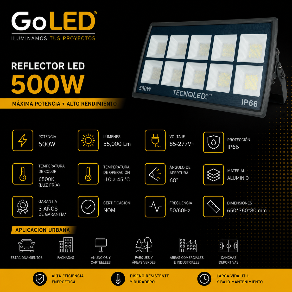 Reflector LED 500W IP66 55000 lm Luz Fría