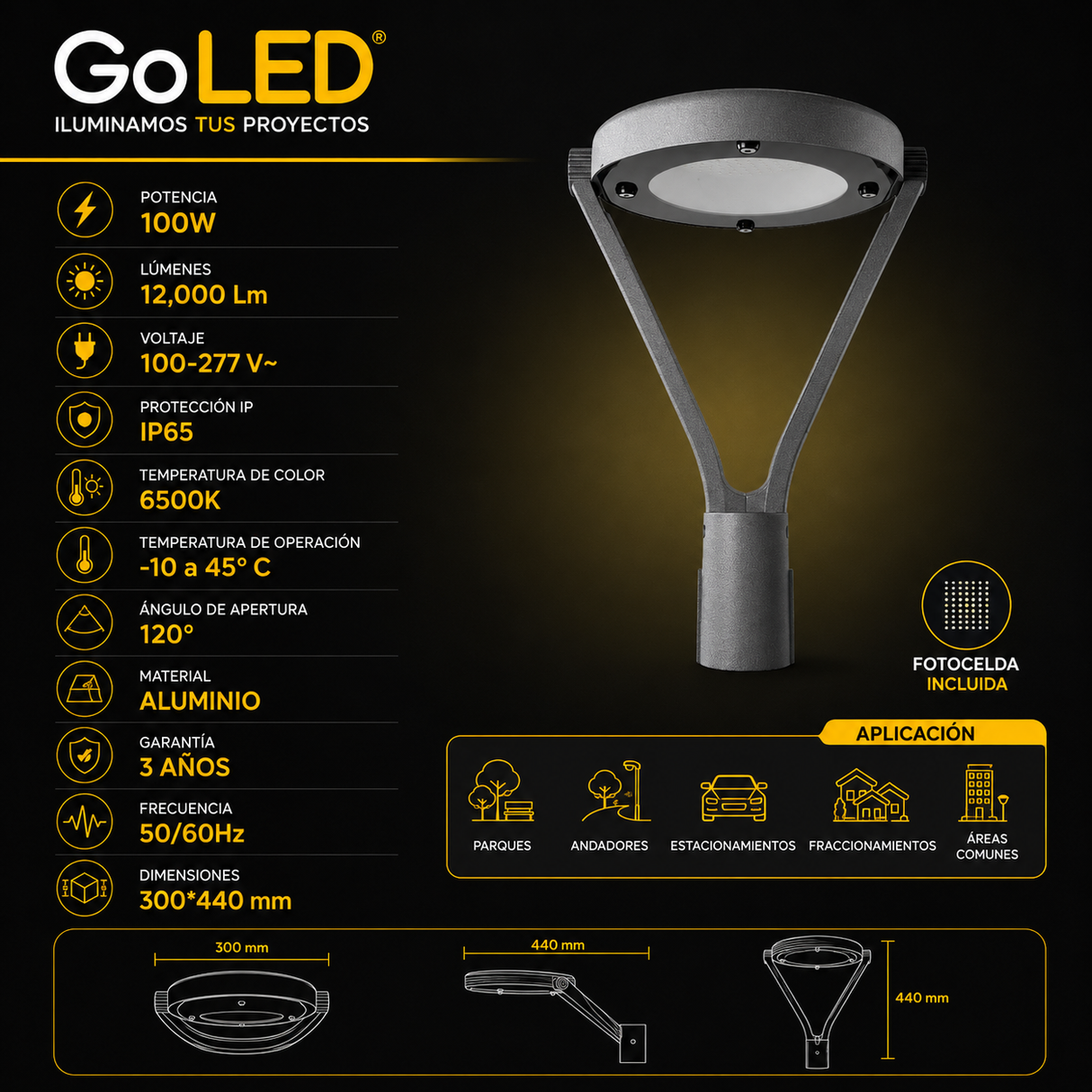 Luminario LED para Poste 100W con Fotocelda IP65 PTRJ-100W