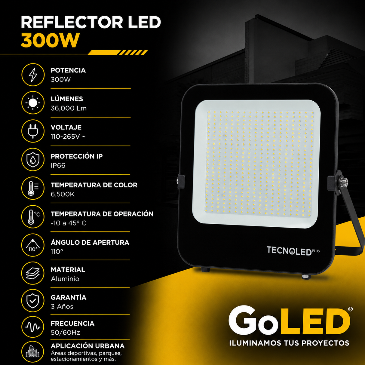 Reflector LED Alta Potencia 300W IP66 para Exteriores