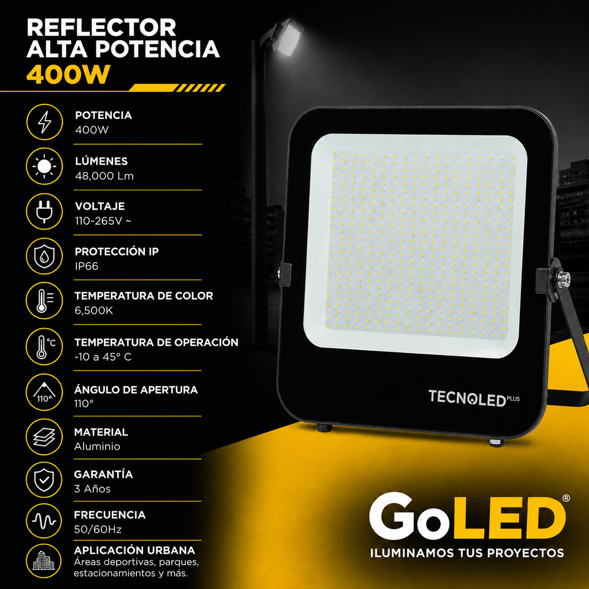 Reflector LED Alta Potencia 400W IP66 para Exteriores