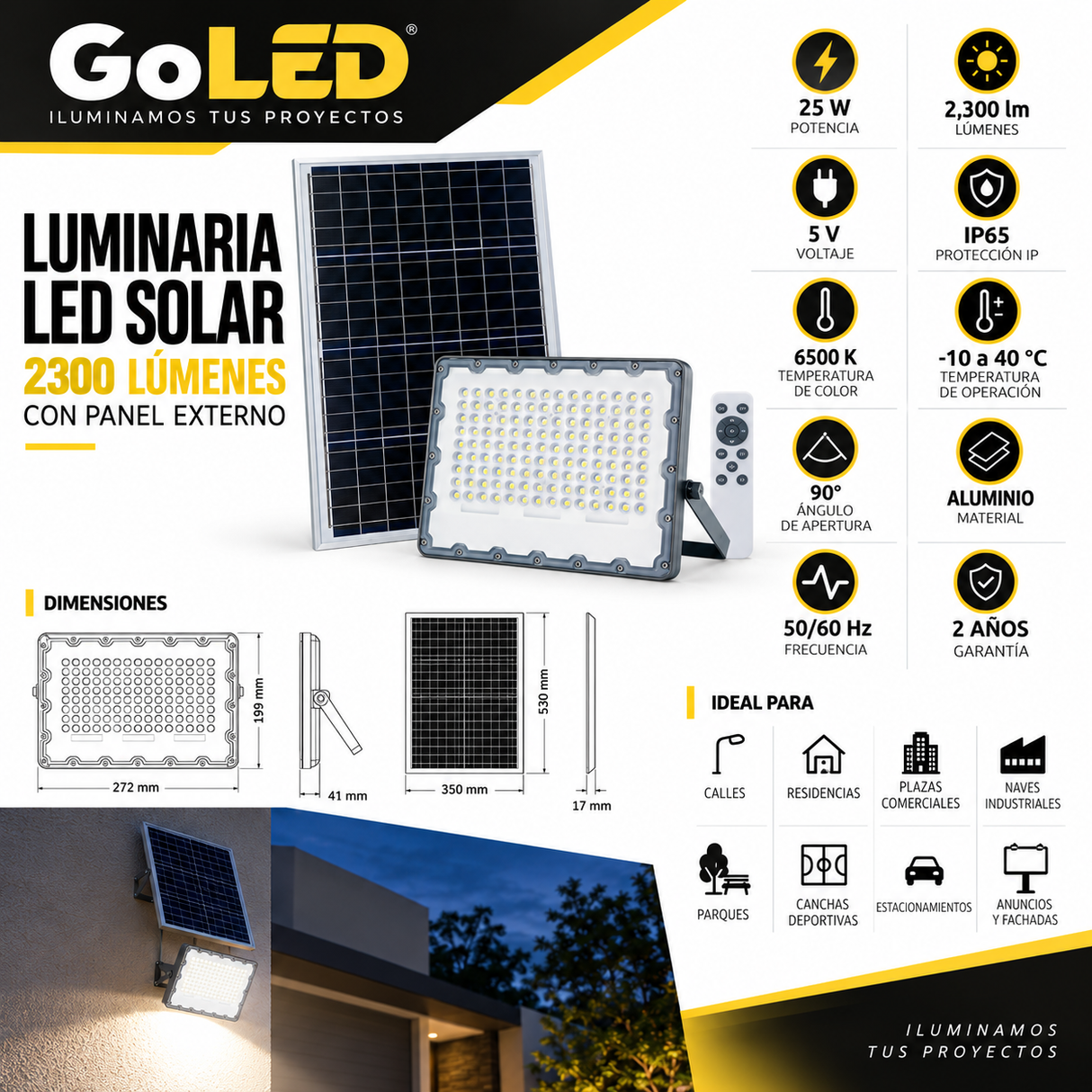 Luminaria LED Solar 2300 Lúmenes con Panel Externo 6500K IP65 – Artlite ASL-002