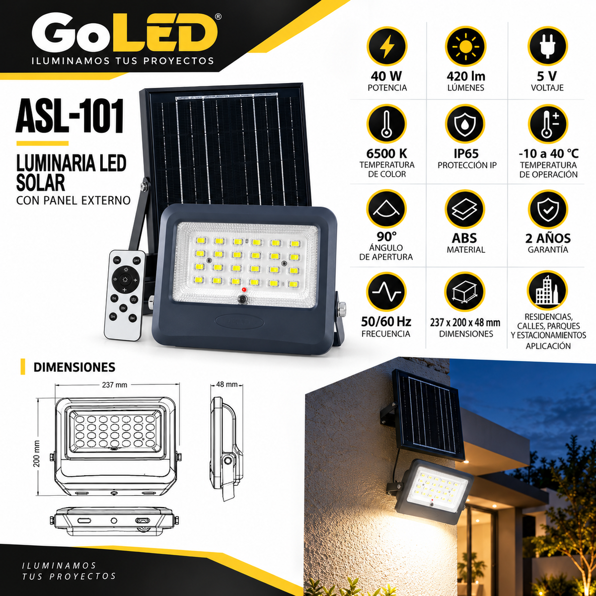 Reflector LED Solar 420 Lúmenes con Panel Externo y Control Remoto 6500K IP65 – Artlite ASL-101