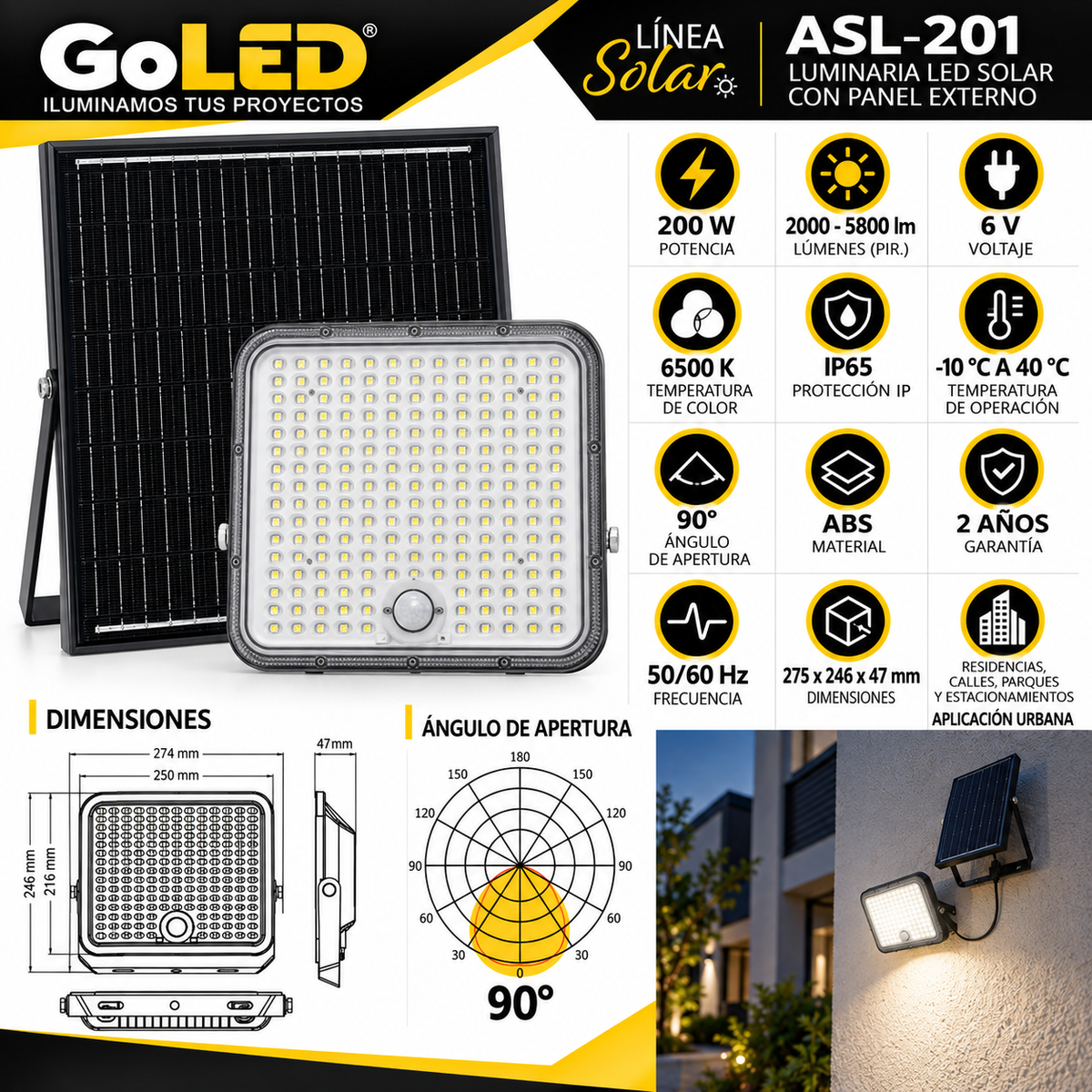 Reflector LED Solar 200W con Sensor PIR Exterior ASL-201