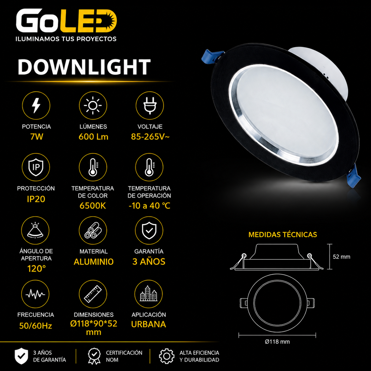 Empotrable LED Downlight 7W Negro con Aro Satín para Interior Luz Blanca