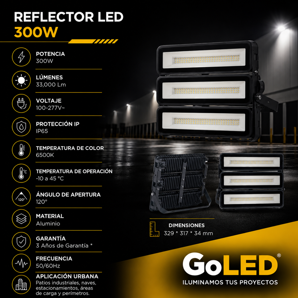 Reflector LED Industrial 300W IP65 Luz Blanca 6500K