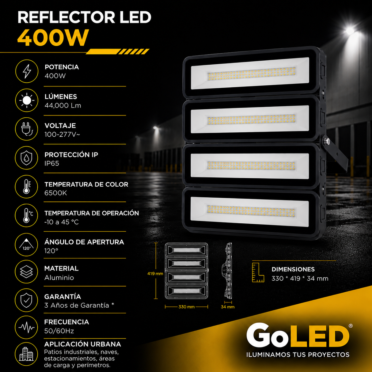 Reflector LED Industrial 400W IP65 Luz Blanca 6500K