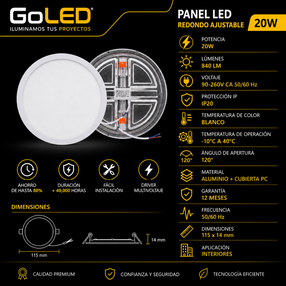 Panel LED Redondo Ajustable Empotrable 20W para Interiores Blanco