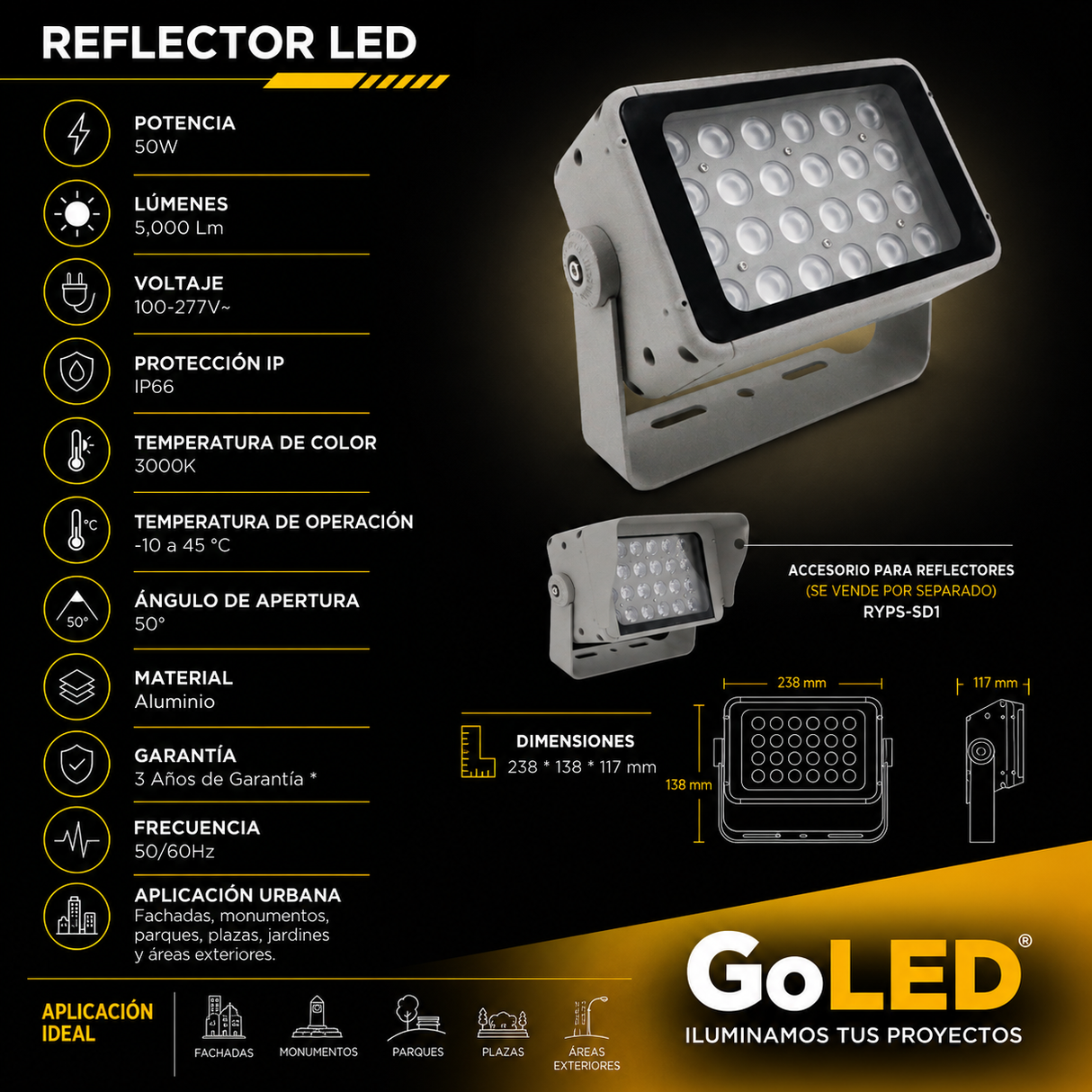 Reflector LED 50W Luz Cálida 3000K IP66 para Exterior