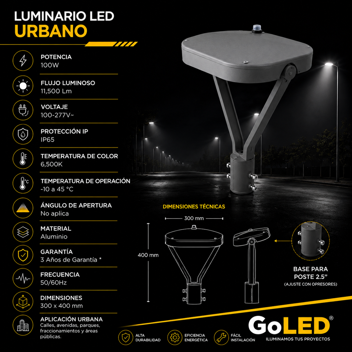 Luminario LED para Alumbrado Público 100W IP65 con Fotocelda LPJ-100W