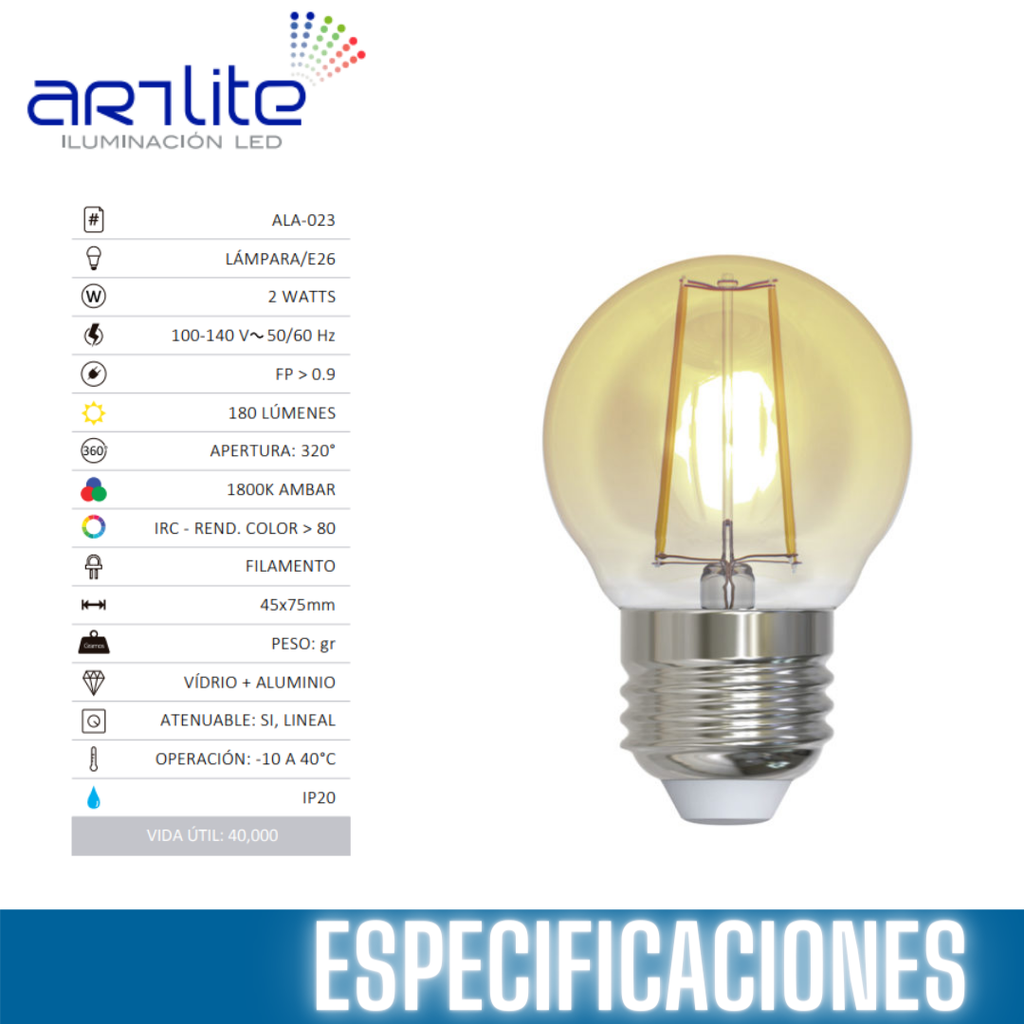Foco LED Filamento Ámbar E26 2W –  Estético para Bulbos Incandescentes-ALA-023