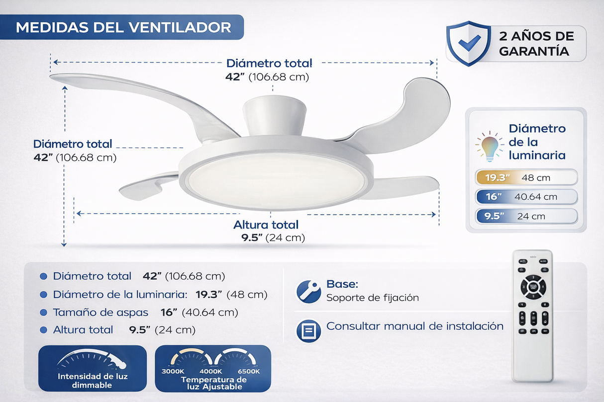 Ventilador de Techo LED Retráctil 42” con Control Remoto