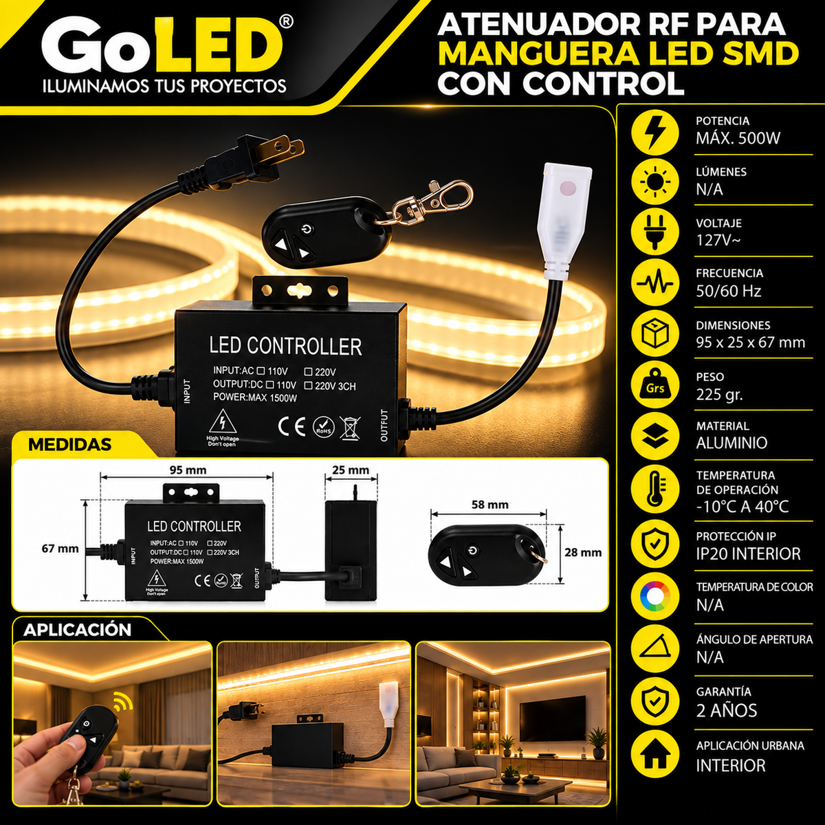 Atenuador RF para Manguera LED SMD 500W 127V con Control