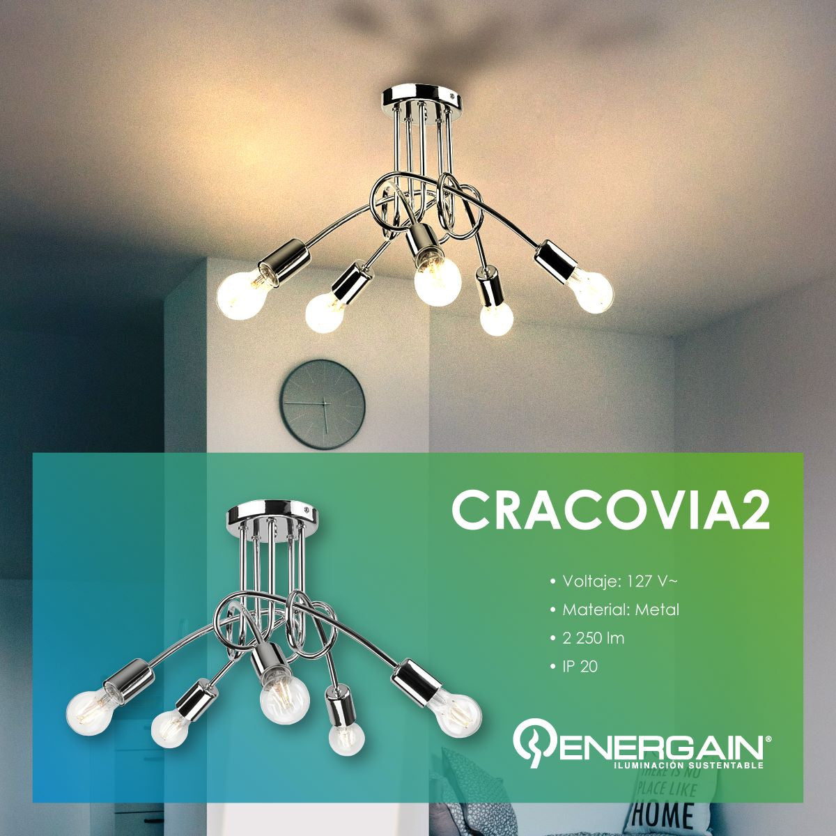 Lámpara Colgante de 5 Brazos - Diseño Elegante para Interiores