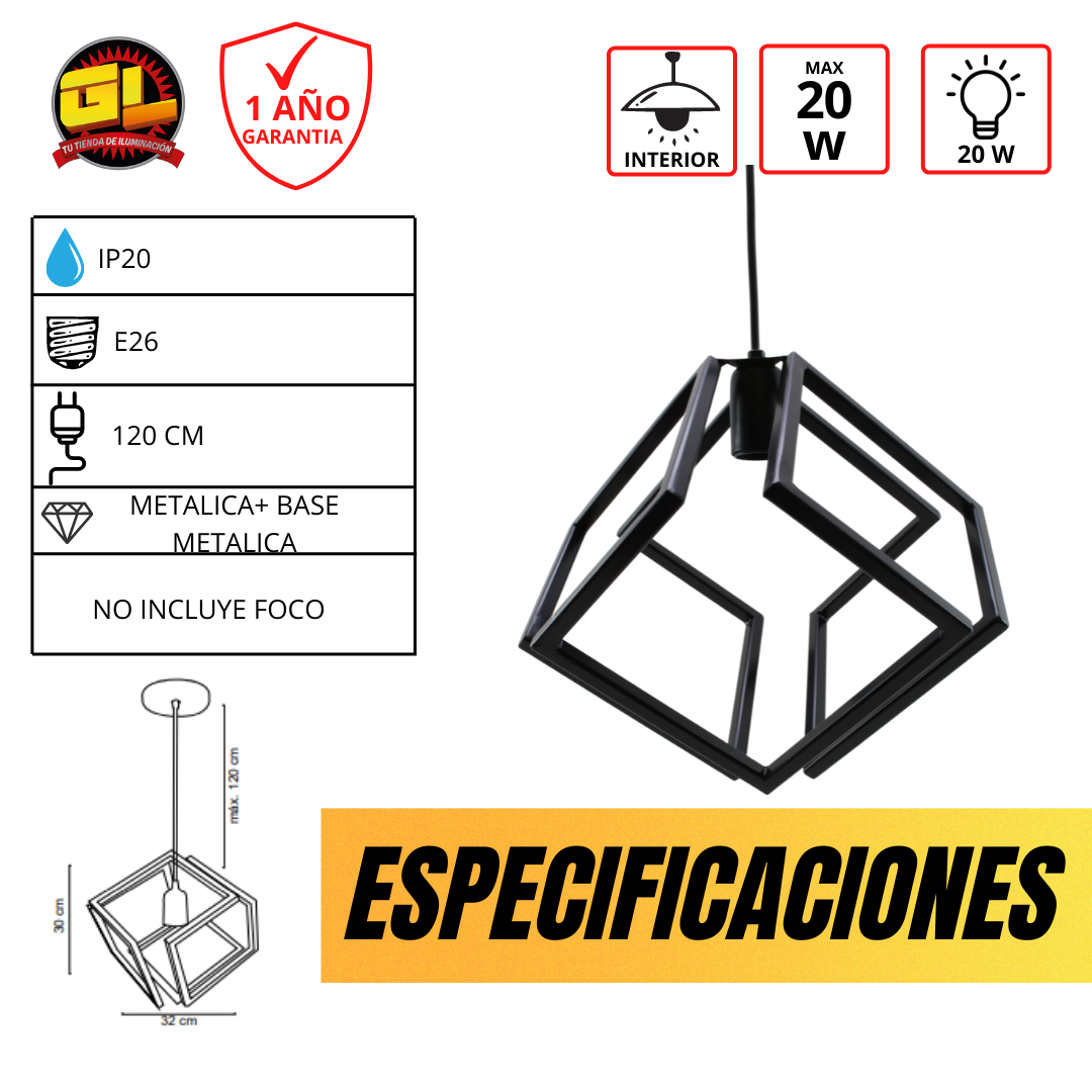 Luminario Colgante Cubica estilo Vintage metálica Negro