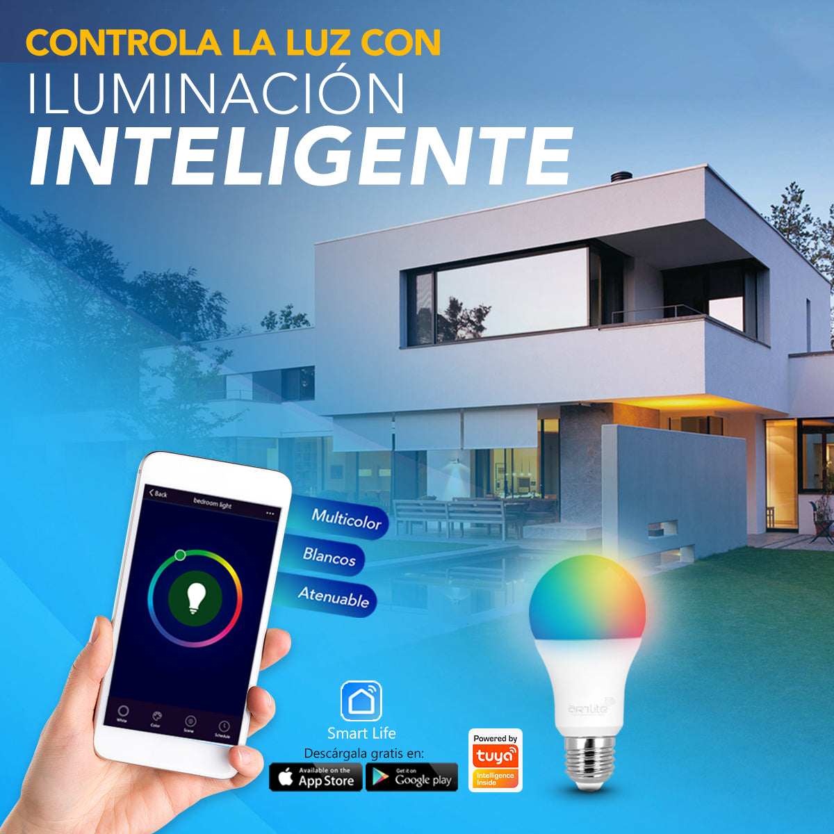 Lampara LED Smart WiFi E26 10W RGB CW Multicolor Y Blancos Atenuables 10w