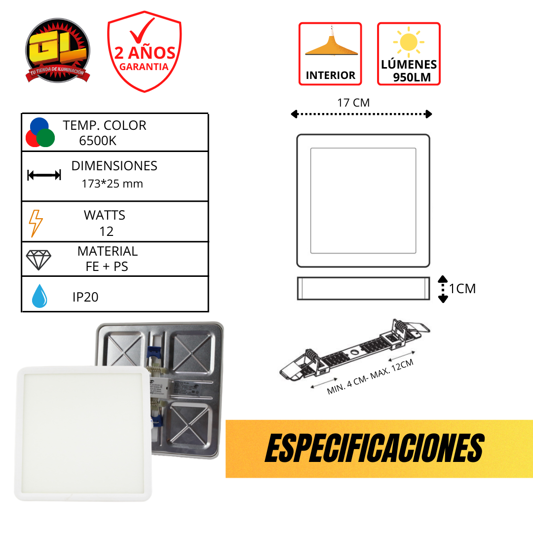 Plafon Ajustable Cuadrado 12w Luz Blanca Fria