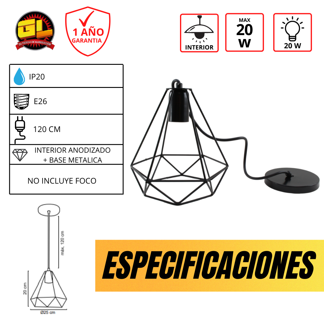 Lámpara Colgante Individual Rejilla Metálica Negra