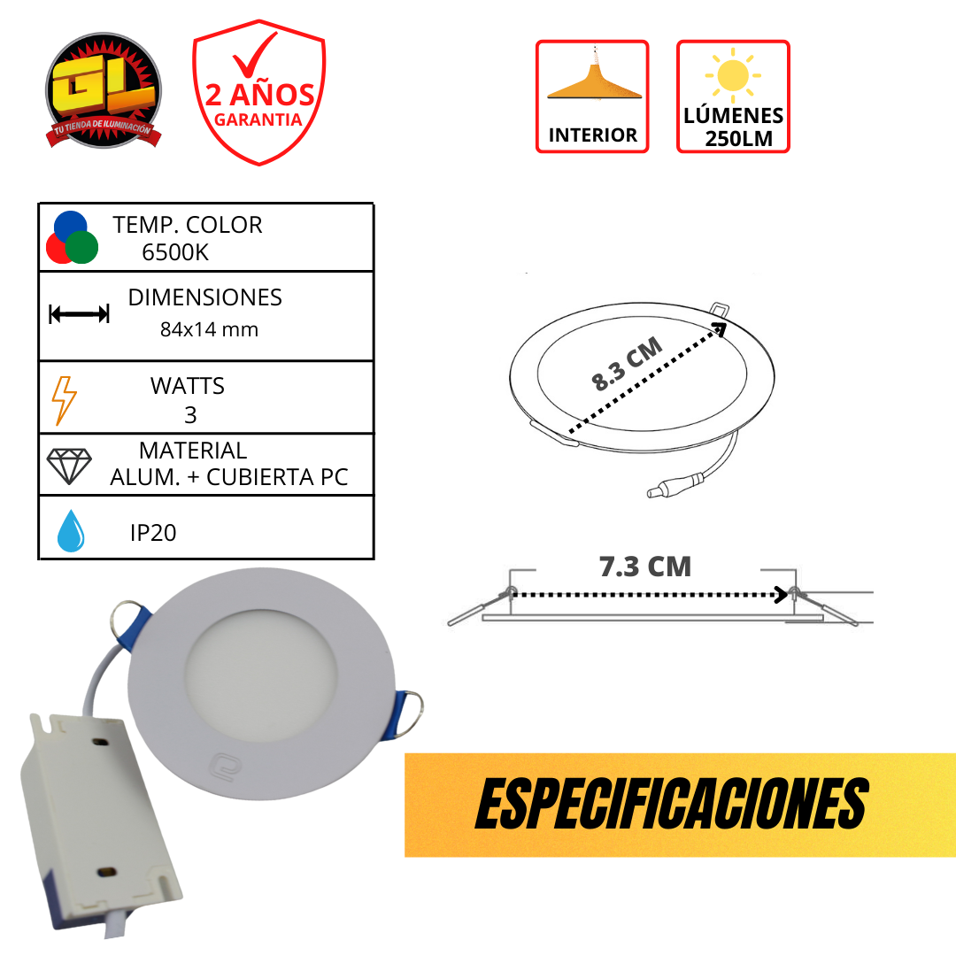 Panel empotrable LED Redondo Slim Blanco Frio 3w