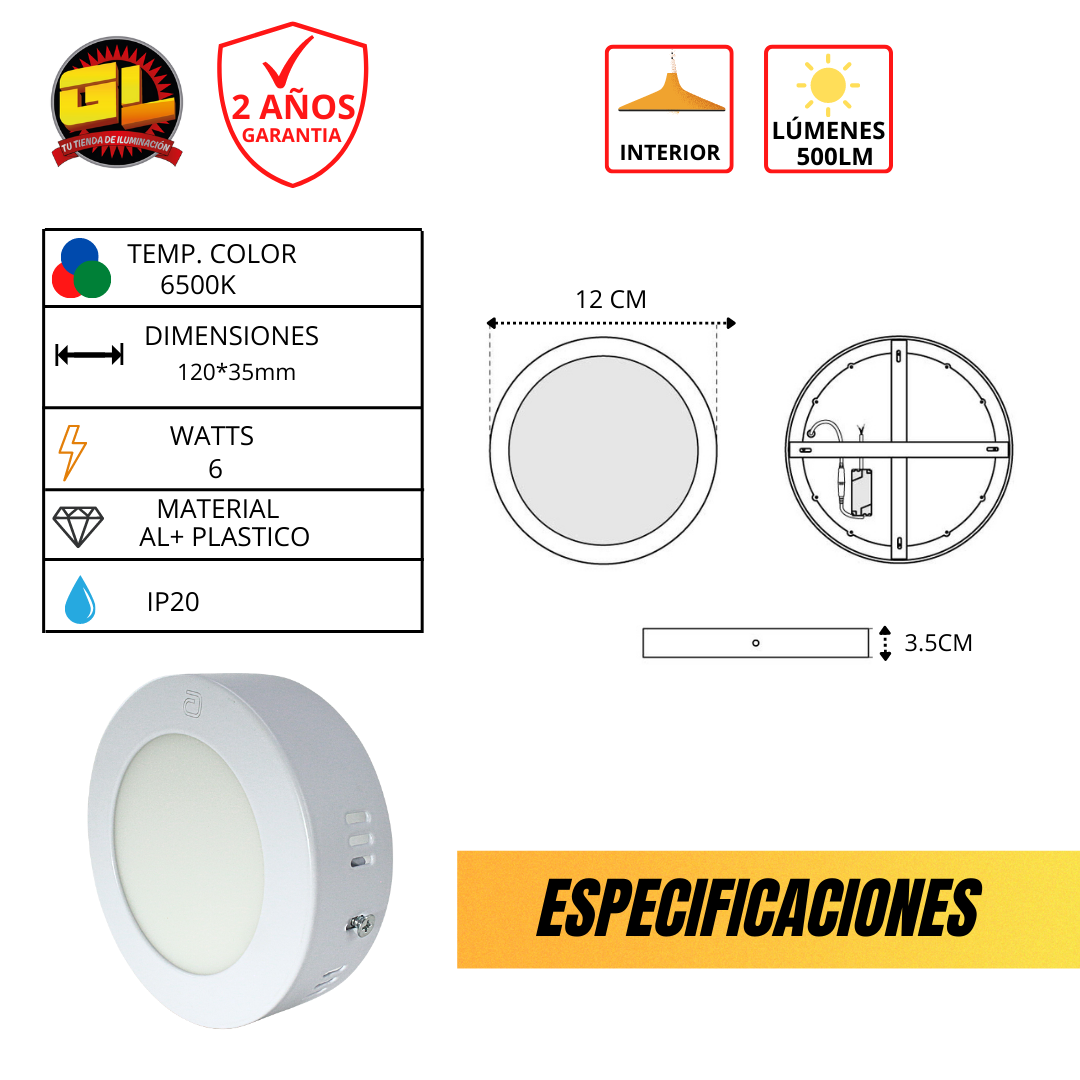 Lámpara de Sobreponer LED Redondo 6W Blanco Frio
