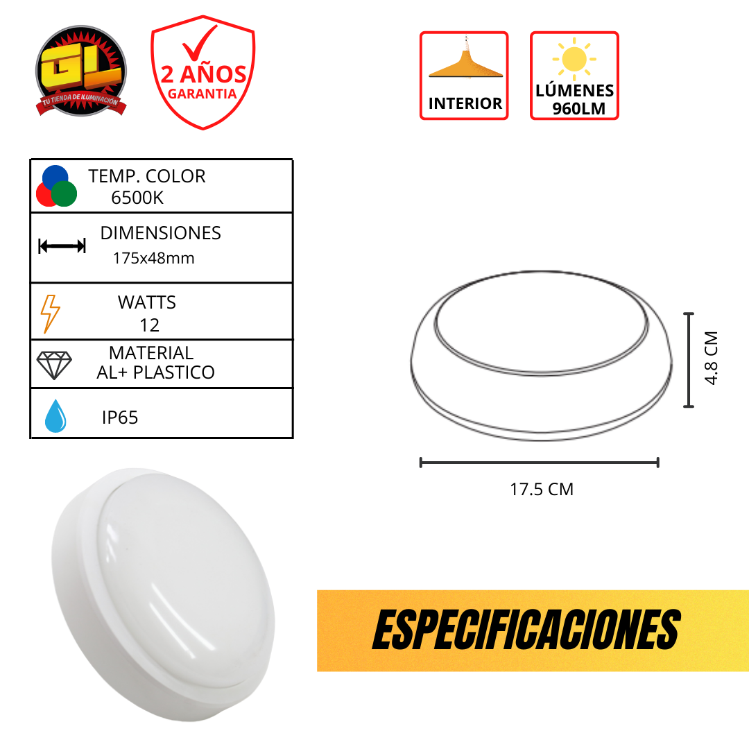 Lámpara LED de Sobreponer 12w Luz Blanca a Prueba de Vapor IP65