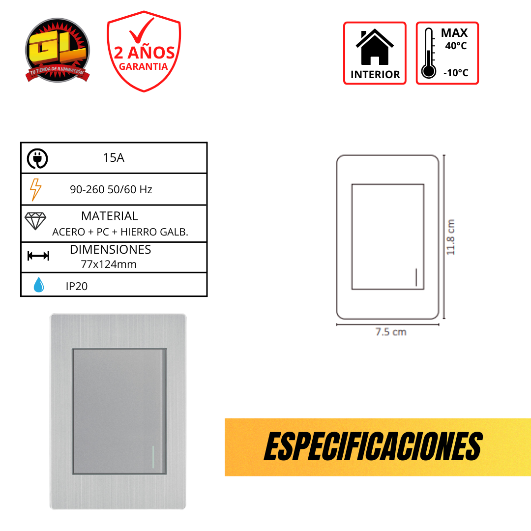 Placa Metálica con Interruptor de 2 Vías APL-101 - Diseño en Acero Inoxidable para Uso Residencial y Comercial