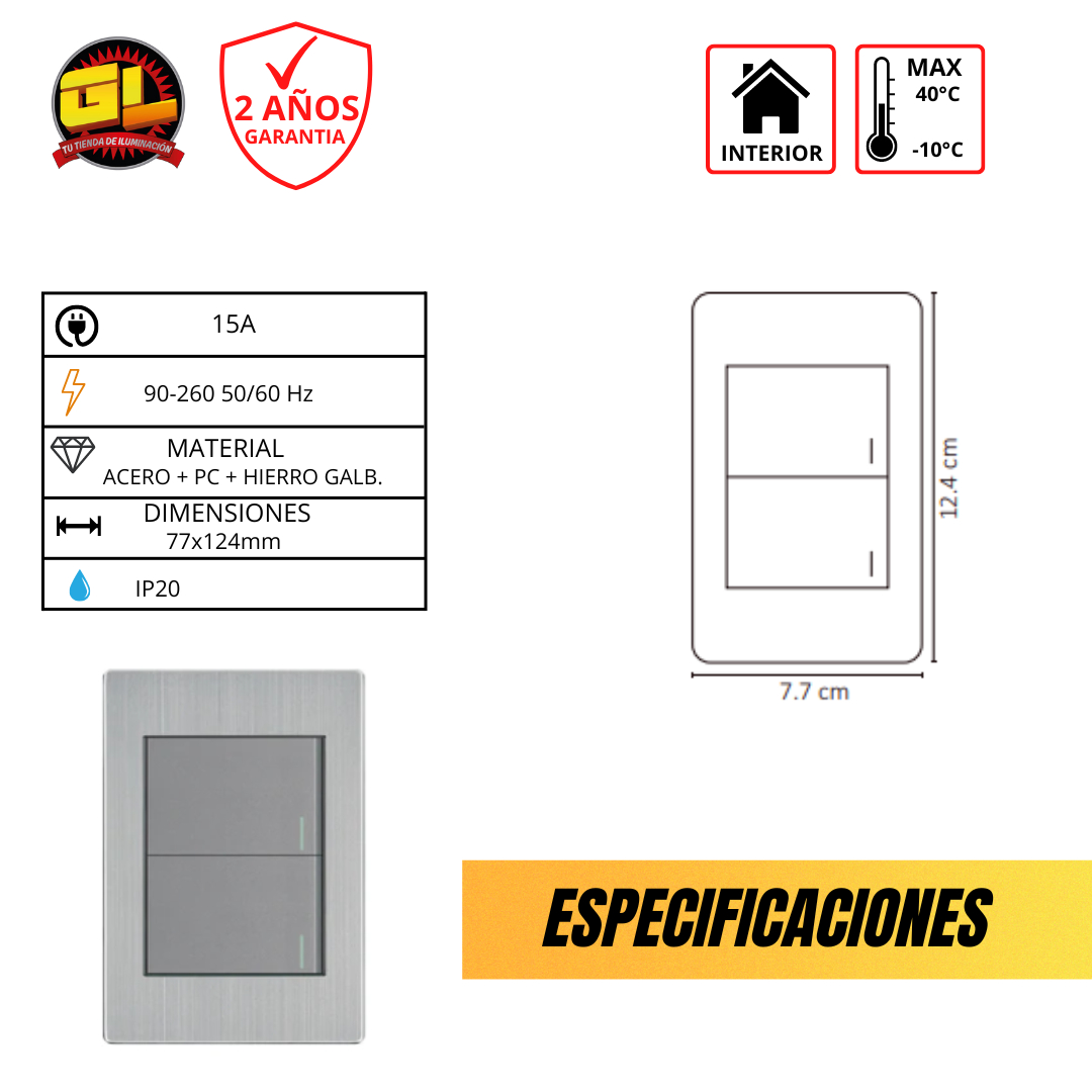 Placa Metálica con 2 Interruptores de 2 Vías APL-102 - Diseño en Acero Inoxidable para Uso Residencial y Comercial