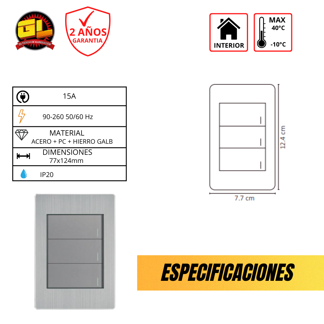 Placa Metálica con 3 Interruptores de 2 Vías APL-103 - Diseño en Acero Inoxidable para Uso Residencial y Comercial