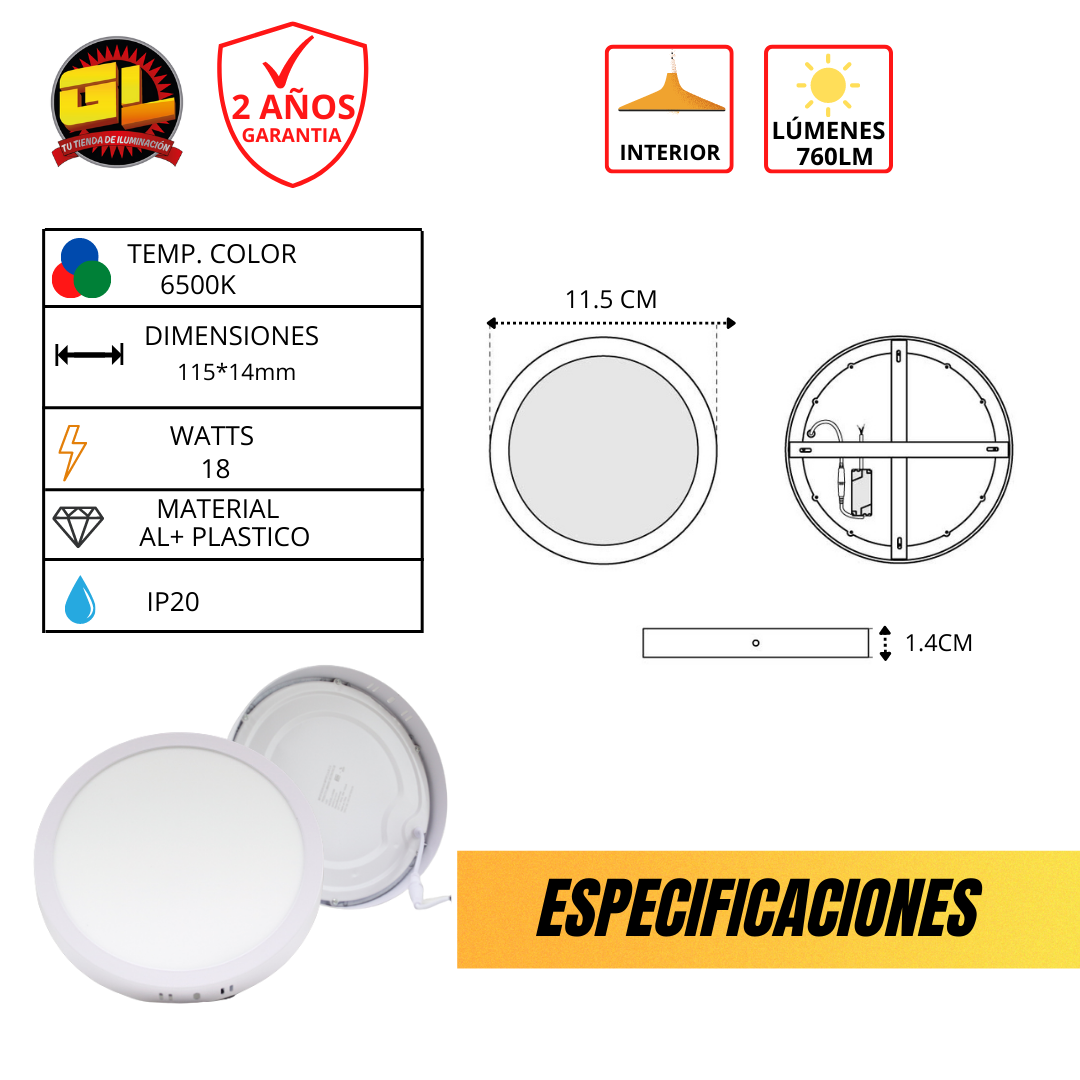 Lámpara de Sobreponer redonda 18w Luz Blanca