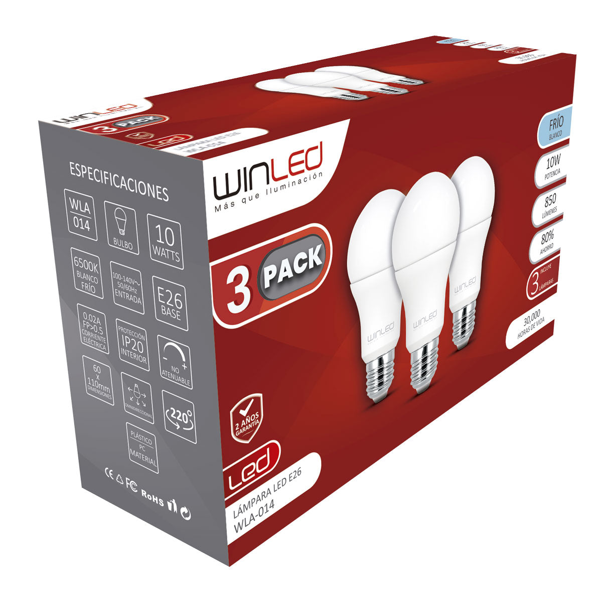 Foco LED e26 3 Pack 10w Blanco Frio