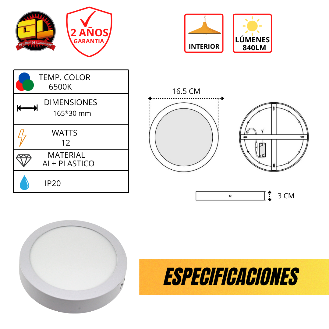 Lámpara de Sobreponer LED 12w Luz Blanca para Techo Plafon