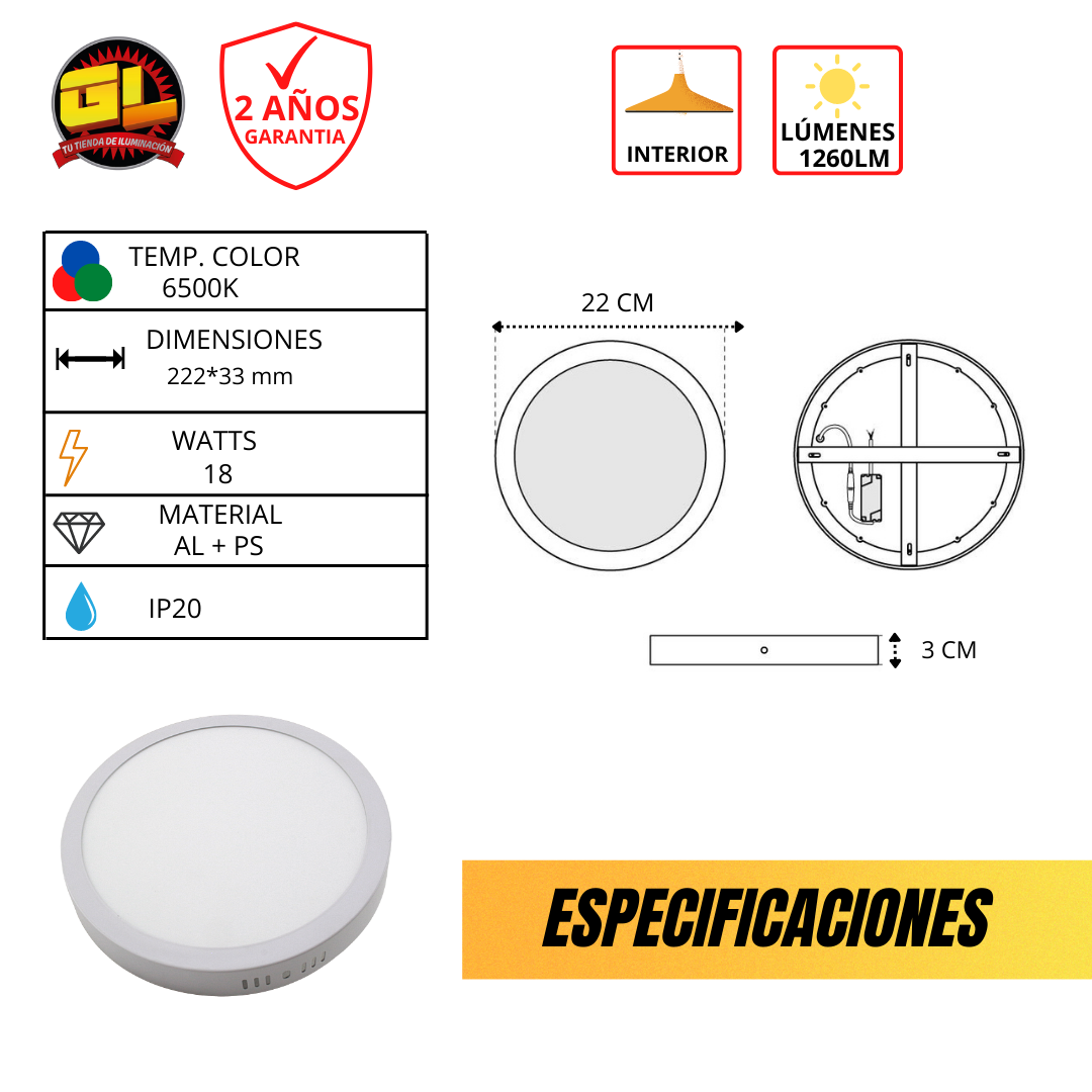Lámpara de Sobreponer LED Redonda 18w 6500K