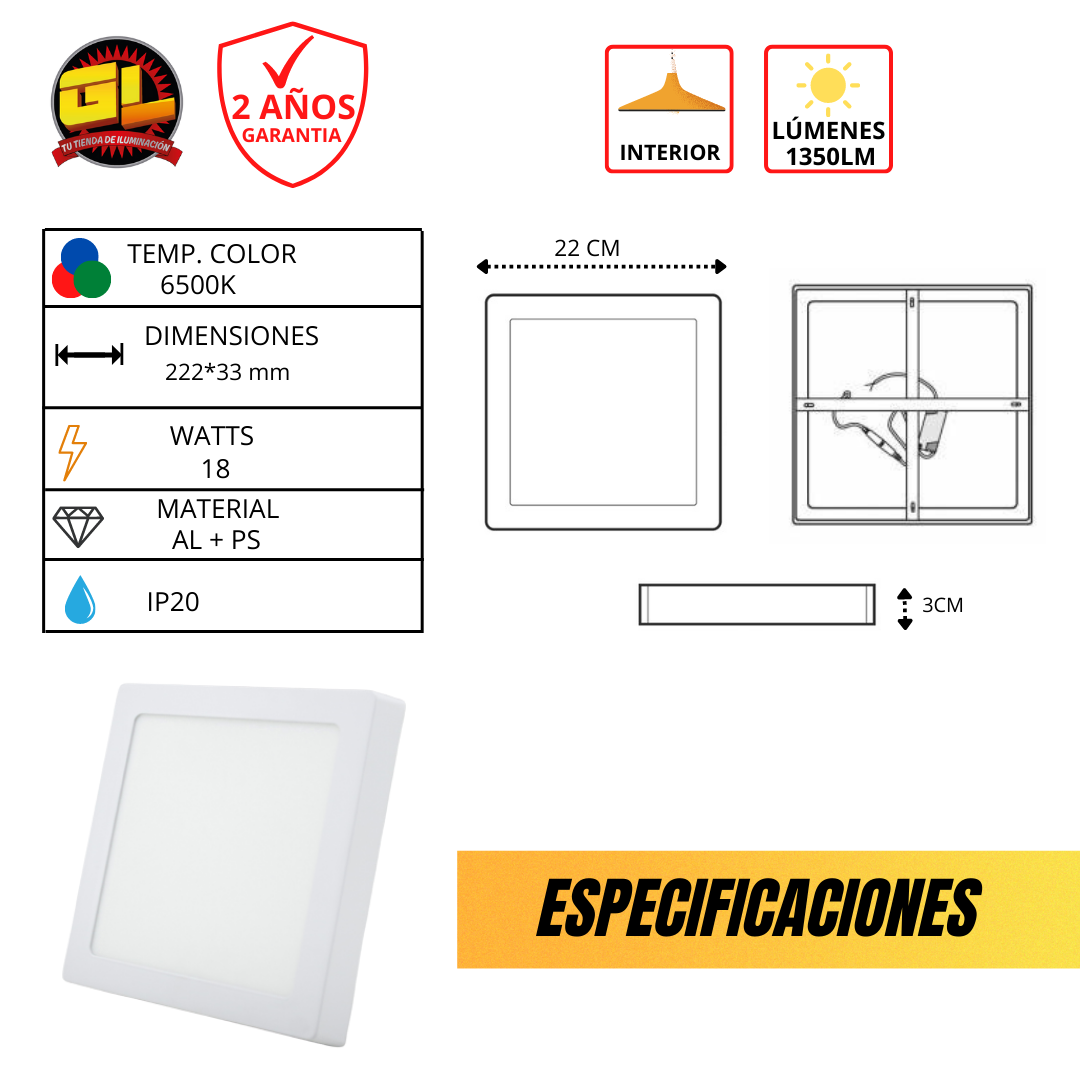 Plafon Sobreponer Cuadrado DLSC 18 watts luz blanca