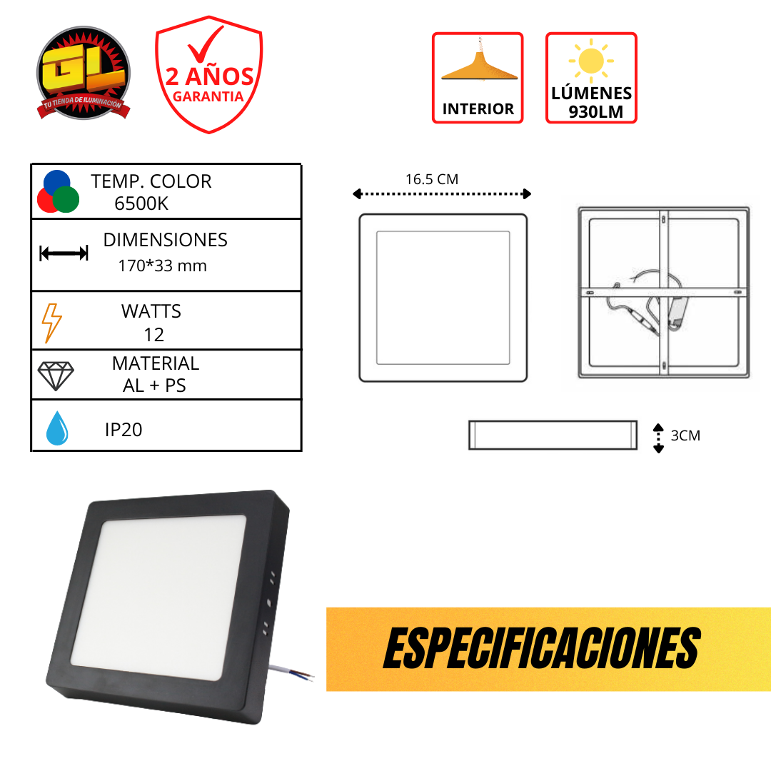 Lámpara LED Sobreponer Cuadrado 12w Negro 6500K