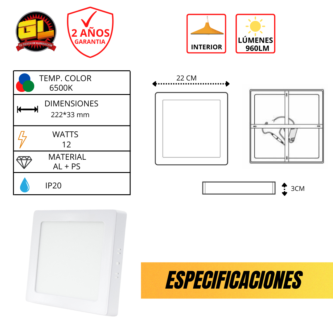 Plafon Sobreponer Cuadrado DLSC 12 watts luz blanca
