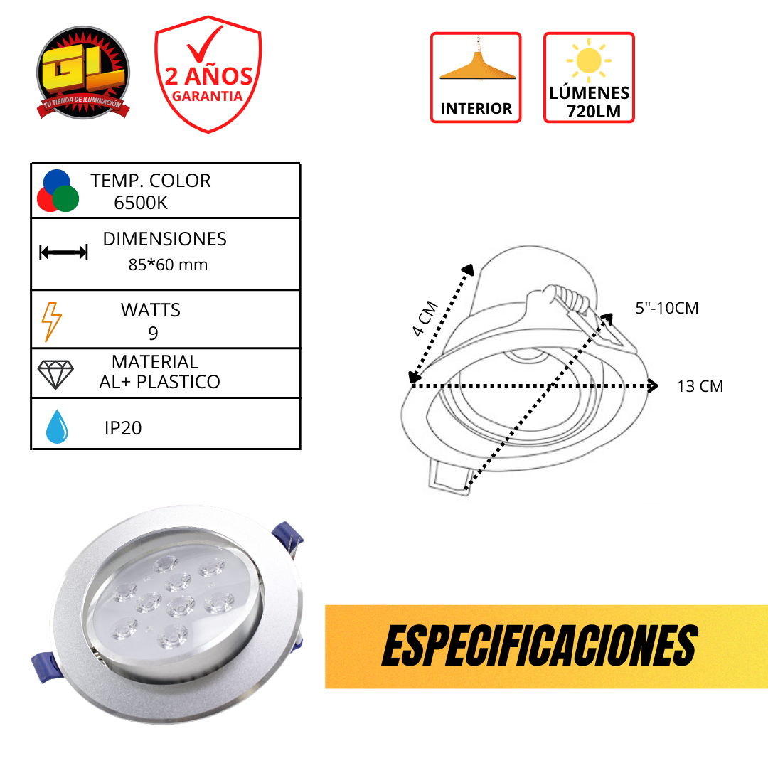 Empotrable Dirigible Metalico CL 9 watts