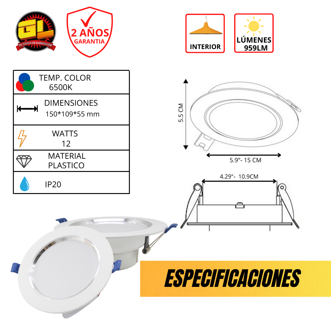Lámpara LED Empotrable 12w Spot Plafón Blanco