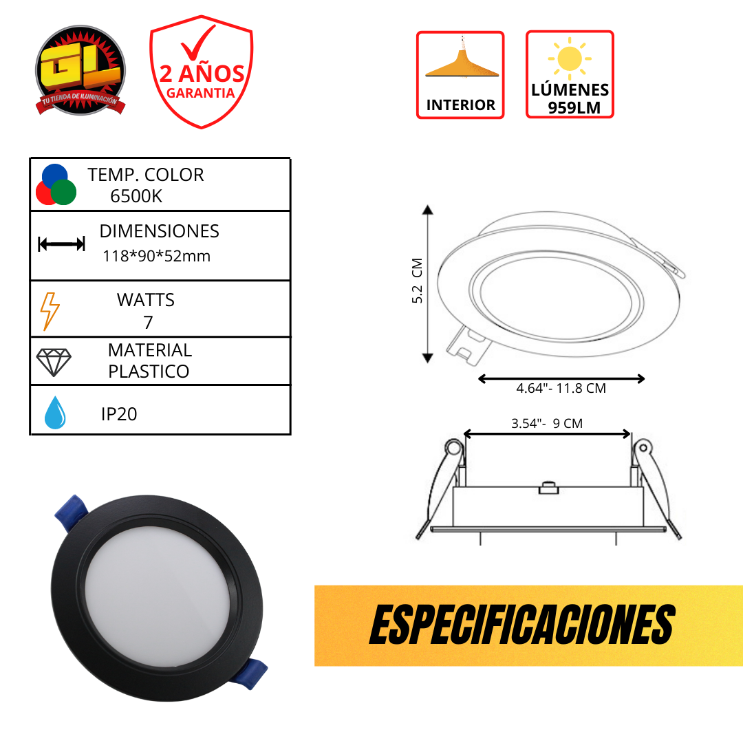 Downlight LED Empotrar -Luz Fría 6500K Negro