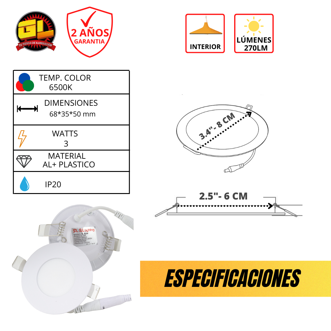 Plafón LED Empotrable 3w Slim SL Frio