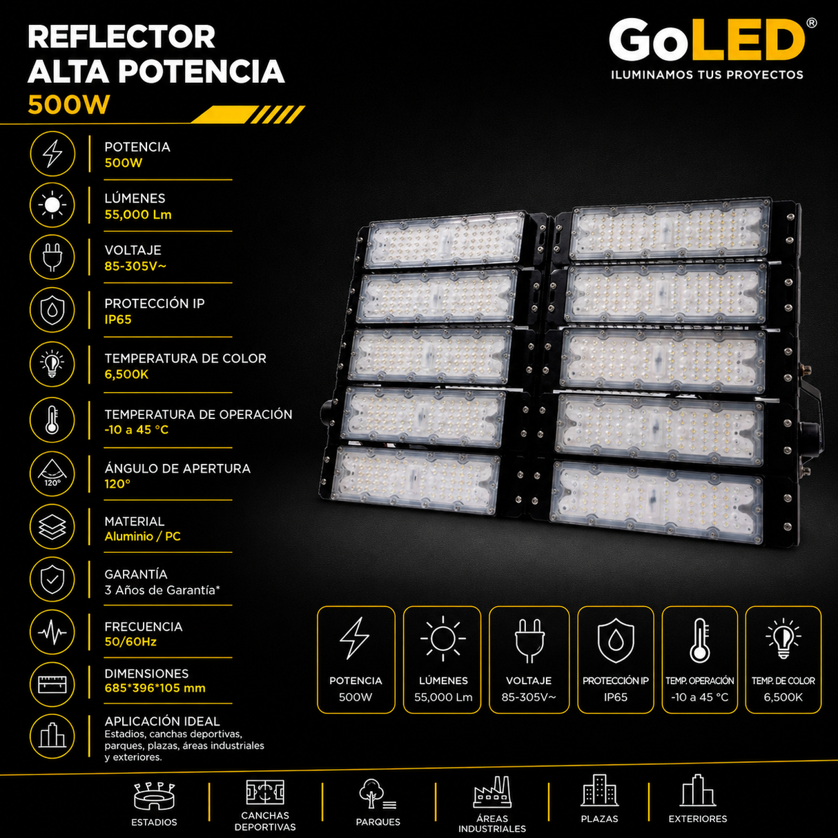 Reflector LED Industrial 500W IP65 Alta Potencia 6500K CTN-500W