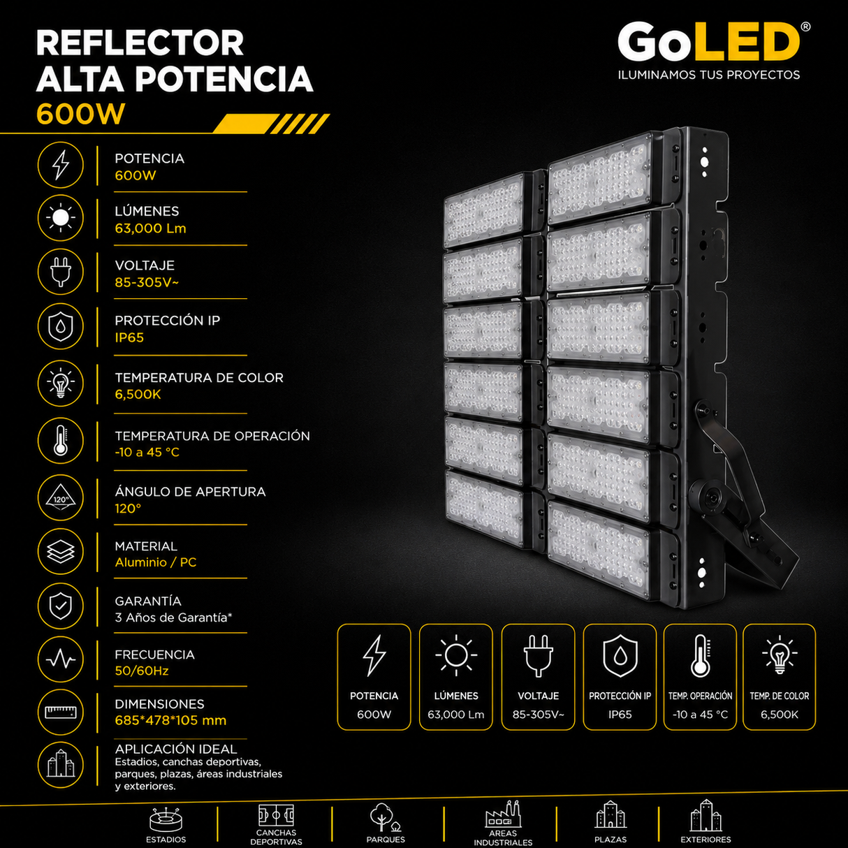 Reflector LED Industrial 600W IP65 Alta Potencia 6500K CTN-600W