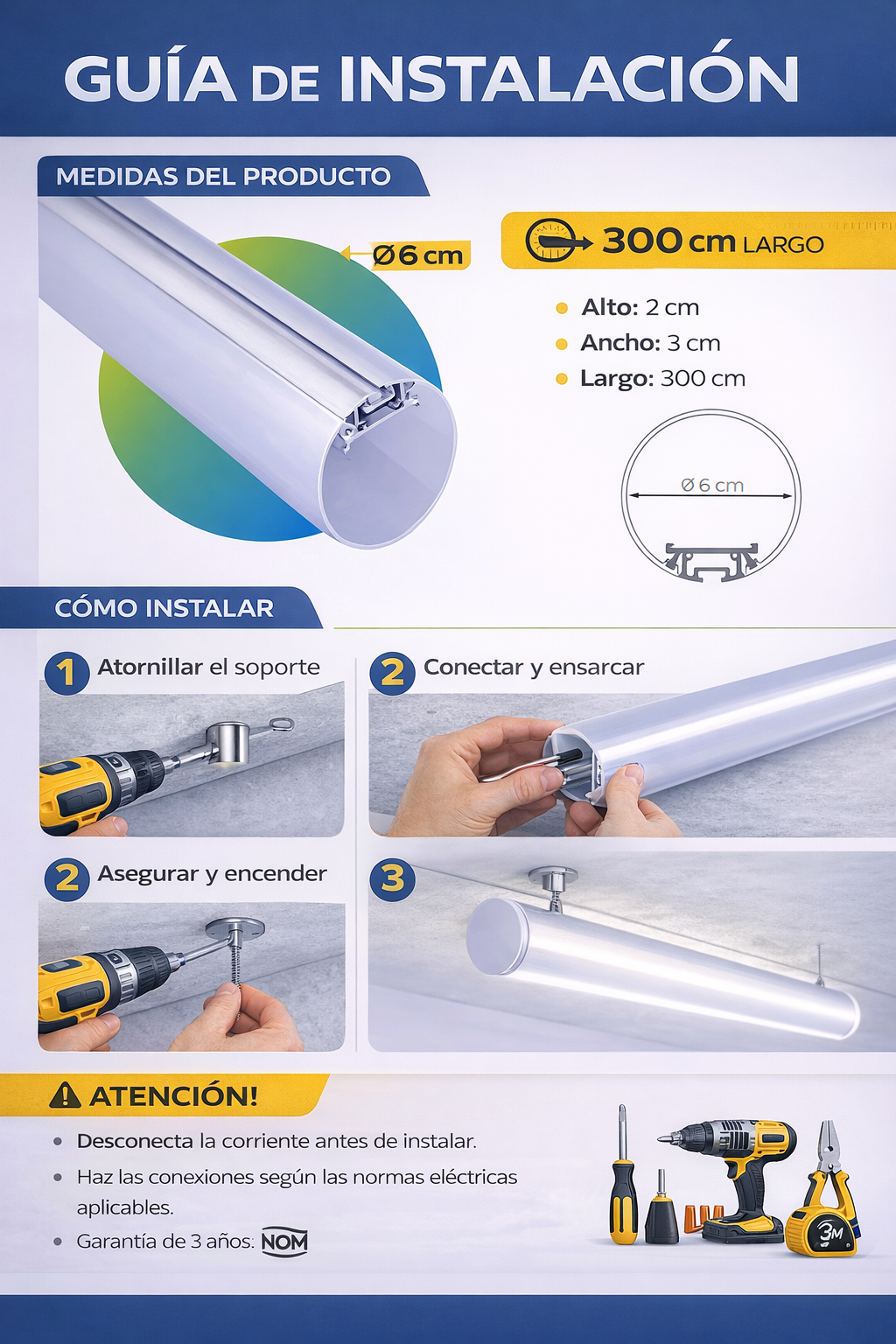 Perfil de Aluminio Suspender 3m Ø6 cm LED
