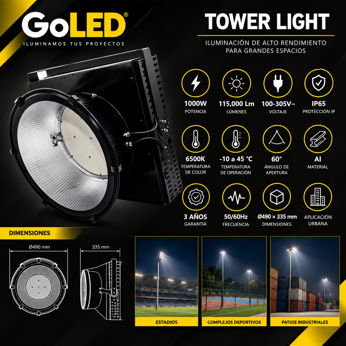 Reflector Tower Light LED Industrial 1000W 115,000 lm
