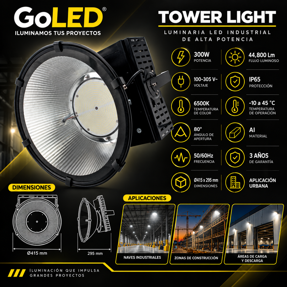 Reflector Tower Light LED Industrial 300W 44,800 lm IP65