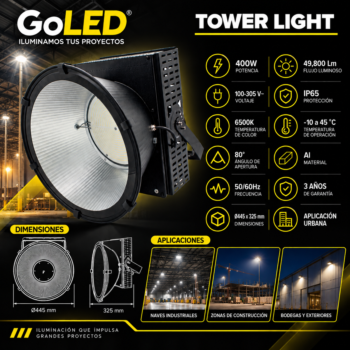 Reflector Tower Light LED Industrial 400W 49,800 lm IP65