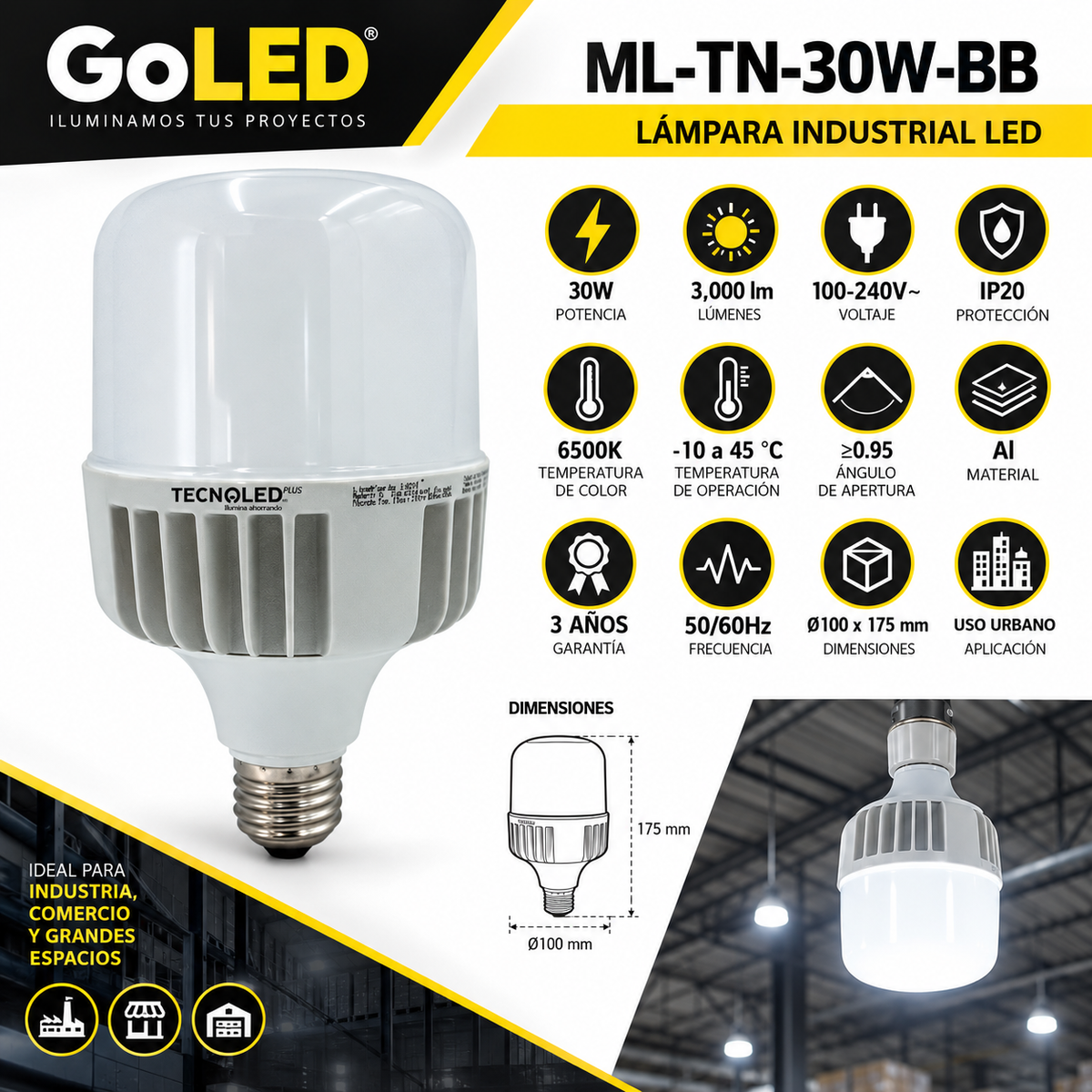 Lámpara LED Industrial 30W E27 3000 lm 6500K ML-TN-30W-BB