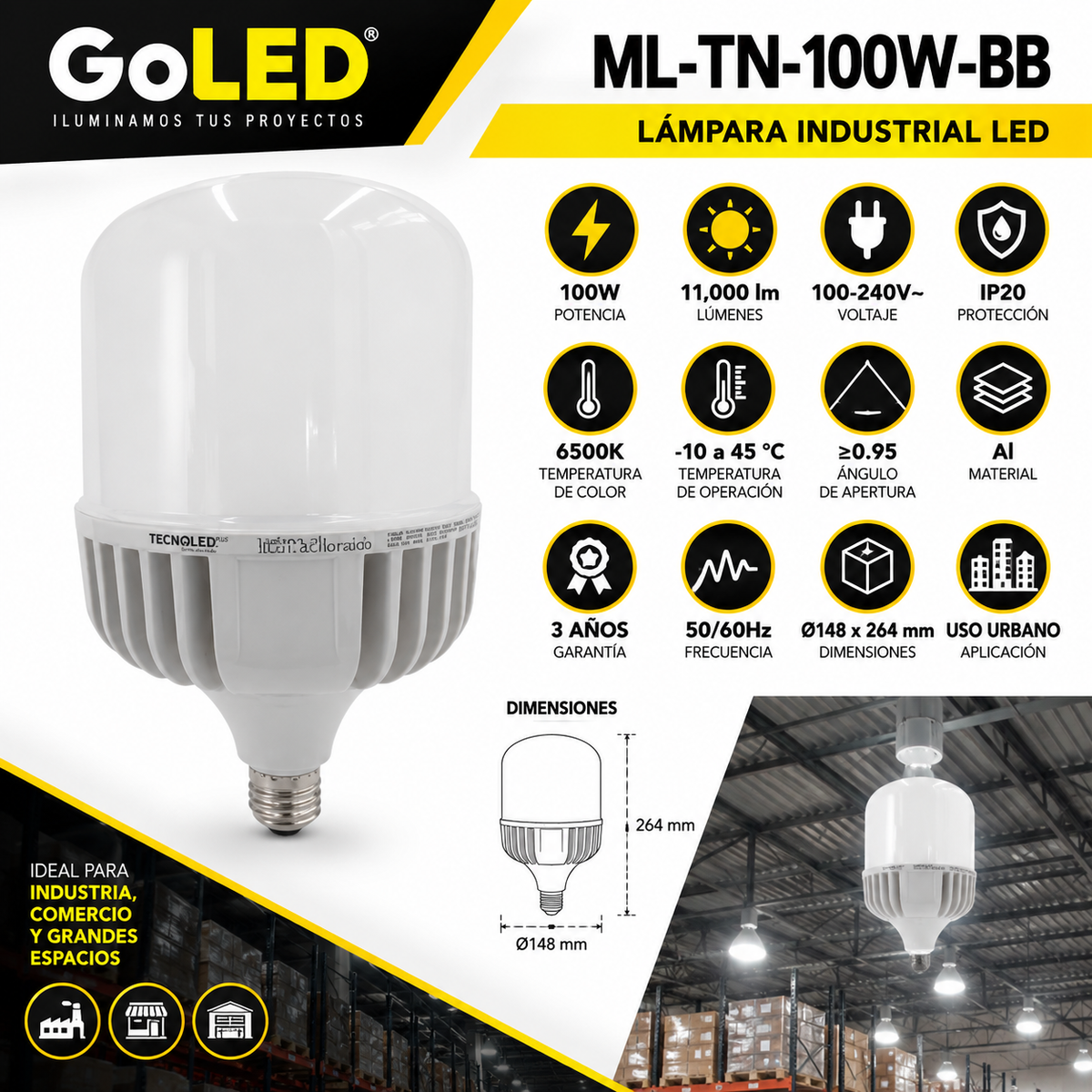Lámpara LED Industrial 100W E27 11000 lm ML-TN-100W-BB