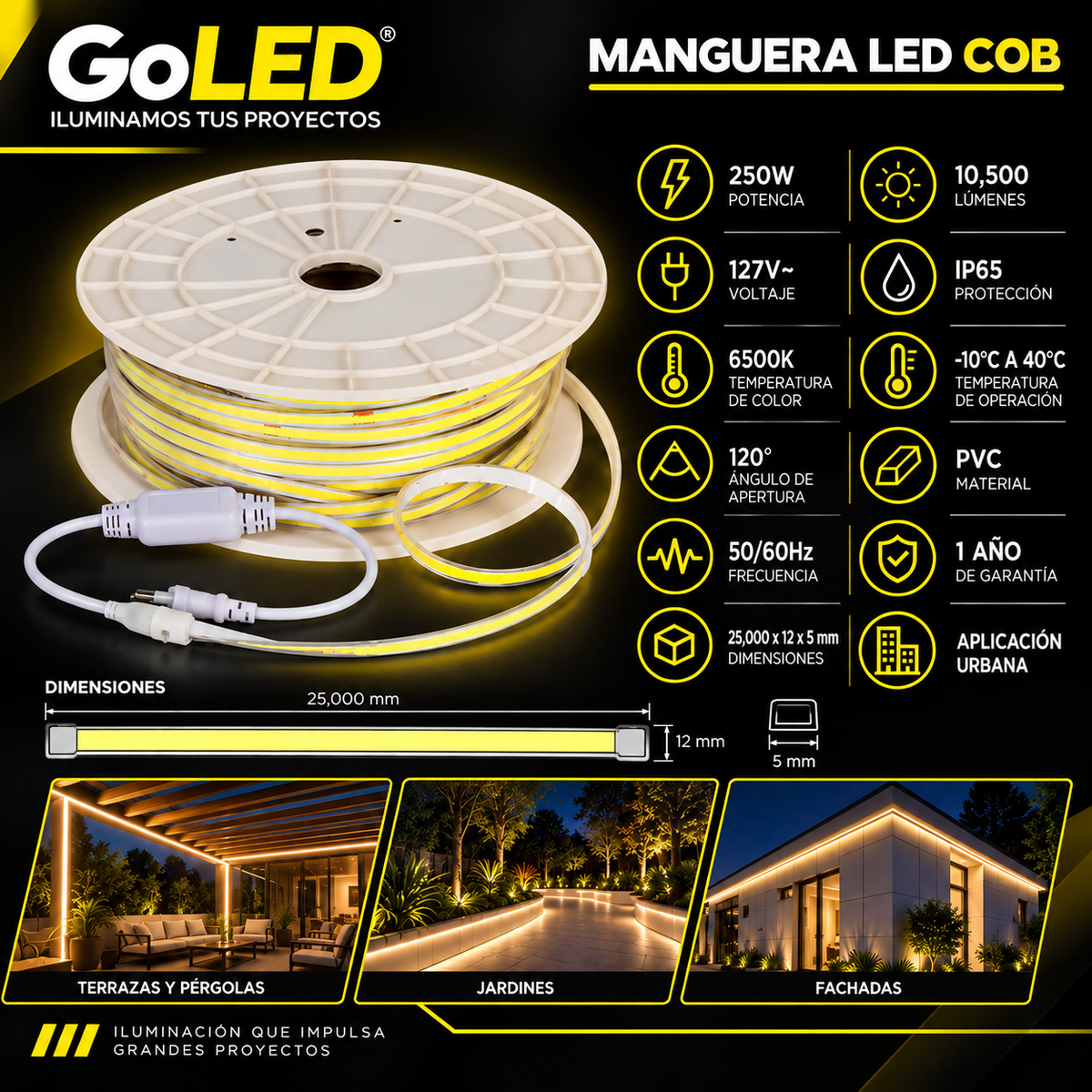 Manguera LED COB 25m 250W IP65 para Exterior Blanco Frío