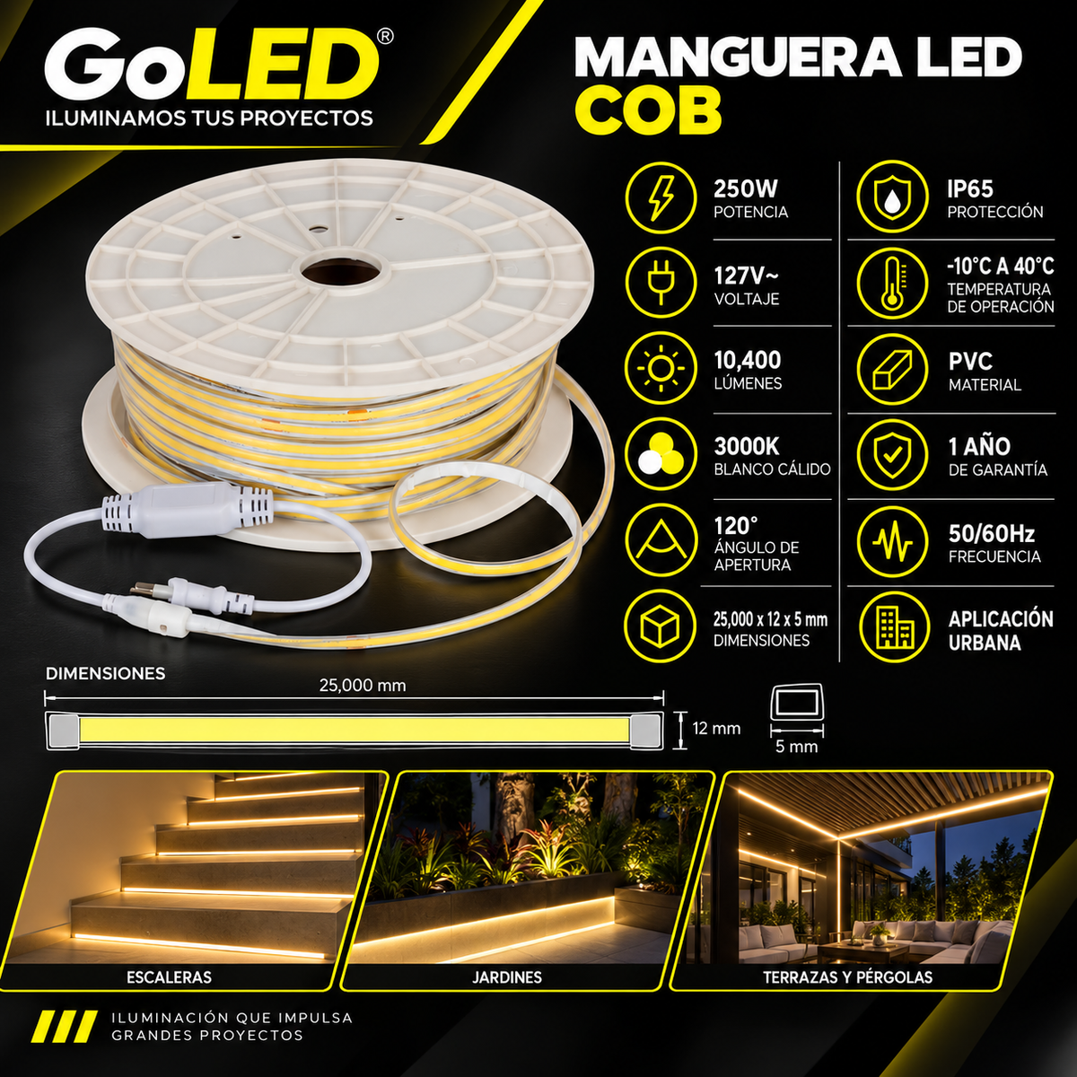 Manguera LED COB 25m 250W IP65 Exterior Blanco Cálido
