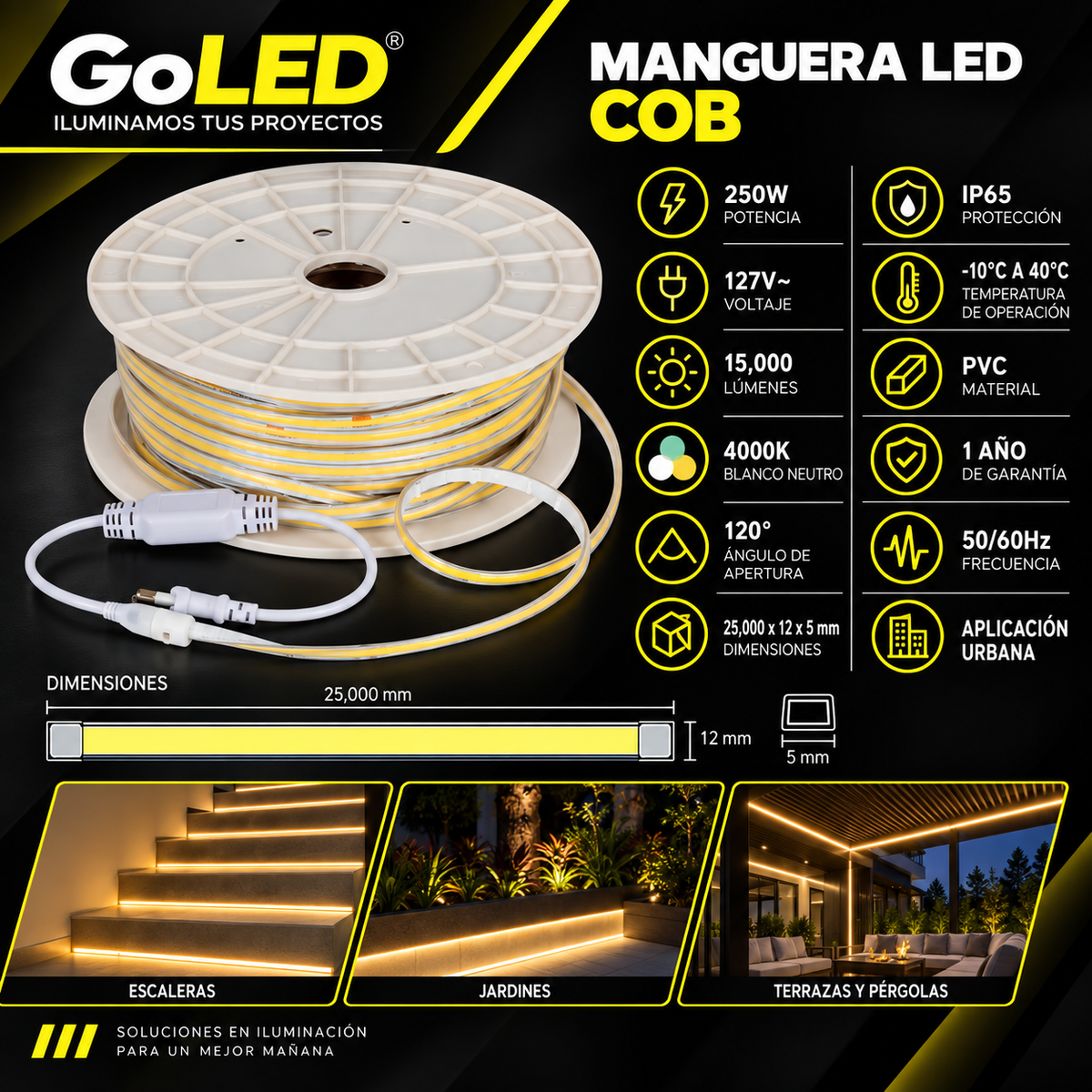 Manguera LED COB 25m 250W IP65 Exterior Blanco Neutro